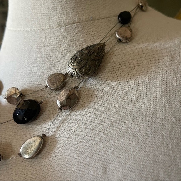 Chicos multi Strand Silver Black Floating Collar beaded stone statement Necklace - Picture 6 of 8